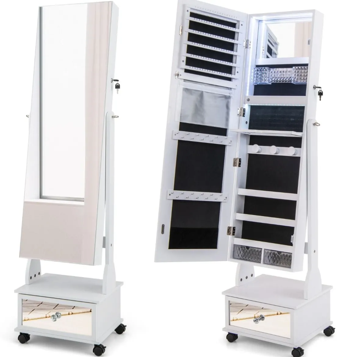 Schmuckschrank mit 3 Spiegeln & Schublade & Rollen & Leuchten Schmuckspiegel Weiß