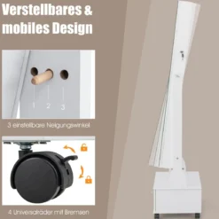 Schmuckschrank mit 3 Spiegeln & Schublade & Rollen & Leuchten Schmuckspiegel Weiß