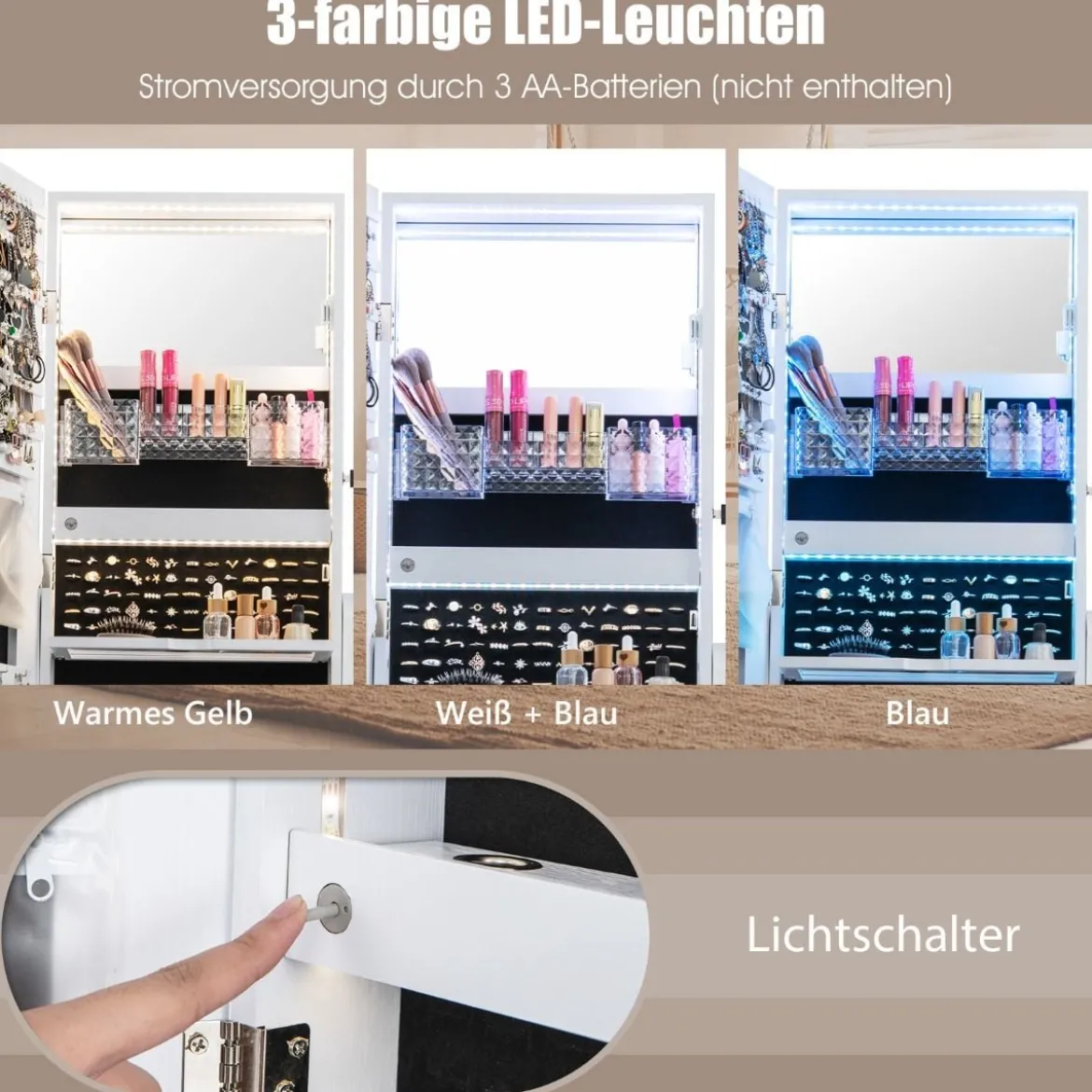 Schmuckschrank mit 3 Spiegeln & Schublade & Rollen & Leuchten Schmuckspiegel Weiß