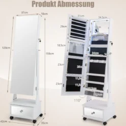 Schmuckschrank mit 3 Spiegeln & Schublade & Rollen & Leuchten Schmuckspiegel Weiß