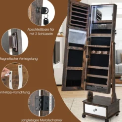 Schmuckschrank mit 3 Spiegeln & Schublade & Rollen & Leuchten Schmuckspiegel Rustikales Braun