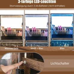 Schmuckschrank mit 3 Spiegeln & Schublade & Rollen & Leuchten Schmuckspiegel Rustikales Braun