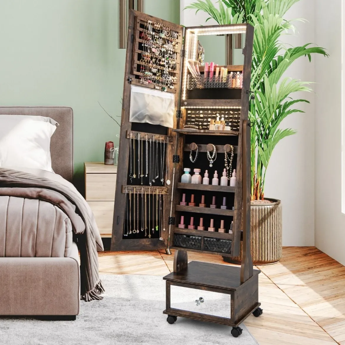 Schmuckschrank mit 3 Spiegeln & Schublade & Rollen & Leuchten Schmuckspiegel Rustikales Braun