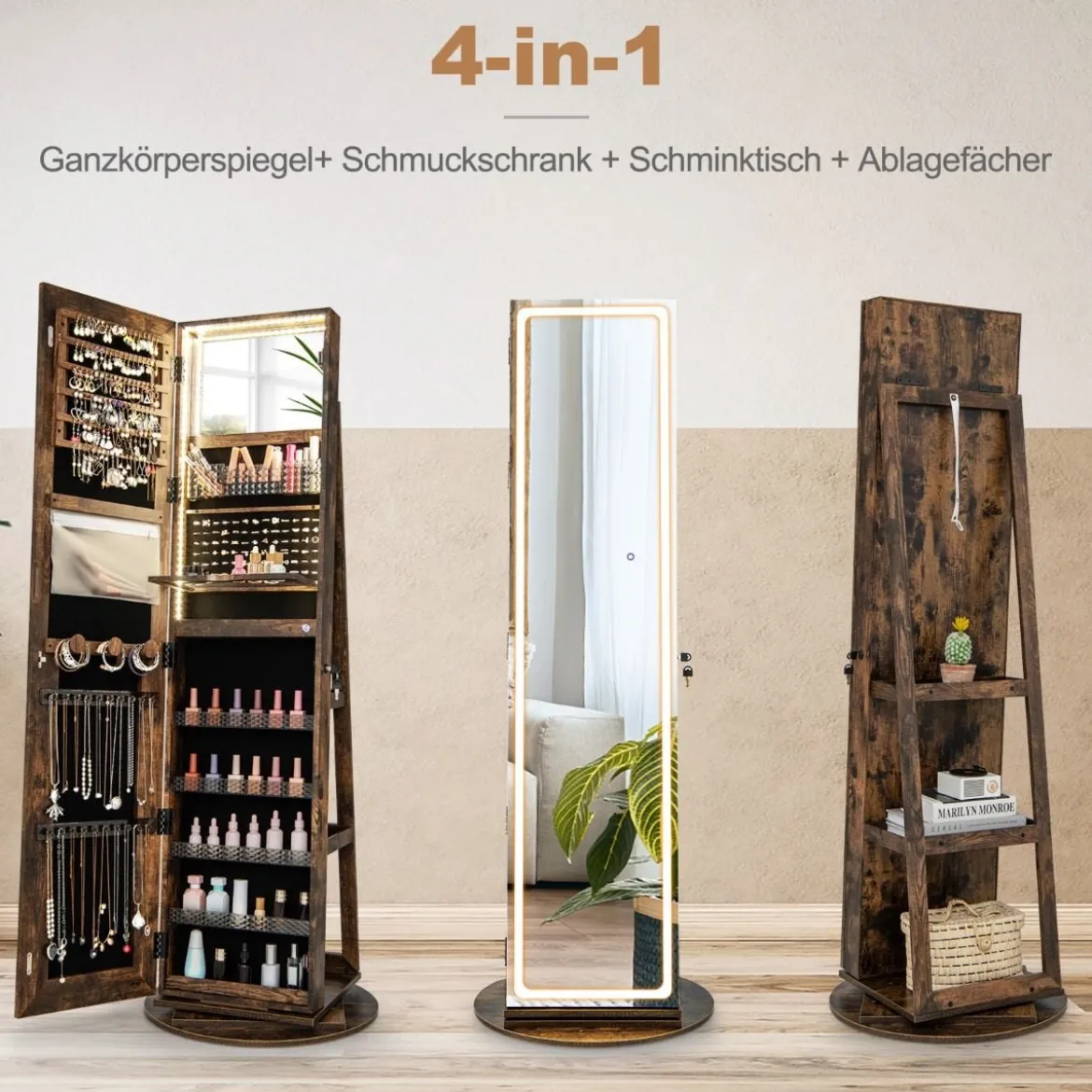 Schmuckschrank mit Spiegel Schmuck Spiegelschrank mit verstellbaren LED-Leuchten 54,5 x 54,5 x 160 cm Vintage