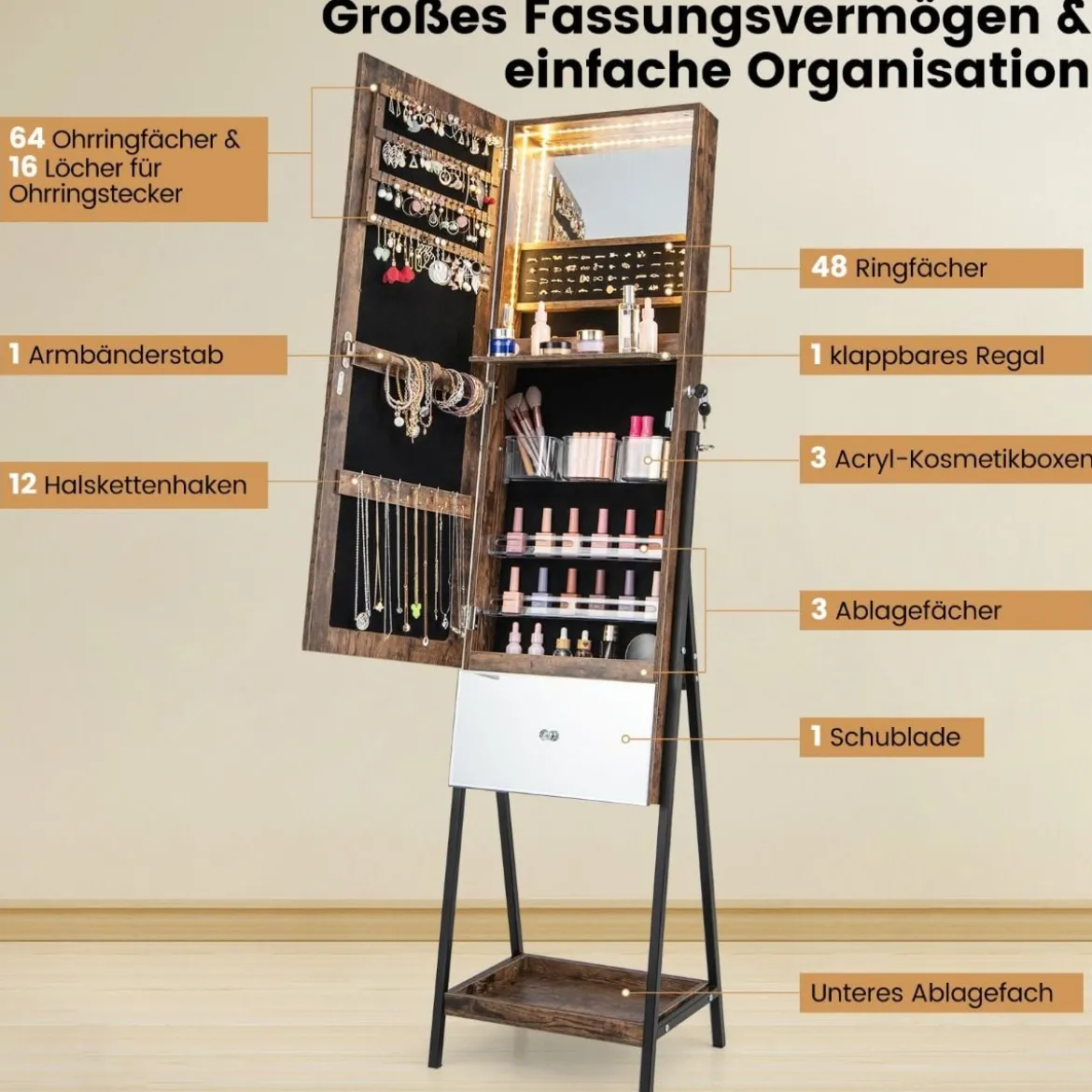 Schmuckschrank mit Spiegel Spiegelschrank abschließbar mit 3 farbigen LED Beleuchten 41 x 35 x 166 cm Braun