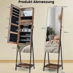 Schmuckschrank mit Spiegel Spiegelschrank abschließbar mit 3 farbigen LED Beleuchten 41 x 35 x 166 cm Braun