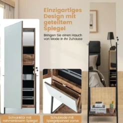 Schmuckschrank mit Spiegel Spiegelschrank abschließbar mit 3 farbigen LED Beleuchten 41 x 35 x 166 cm Braun