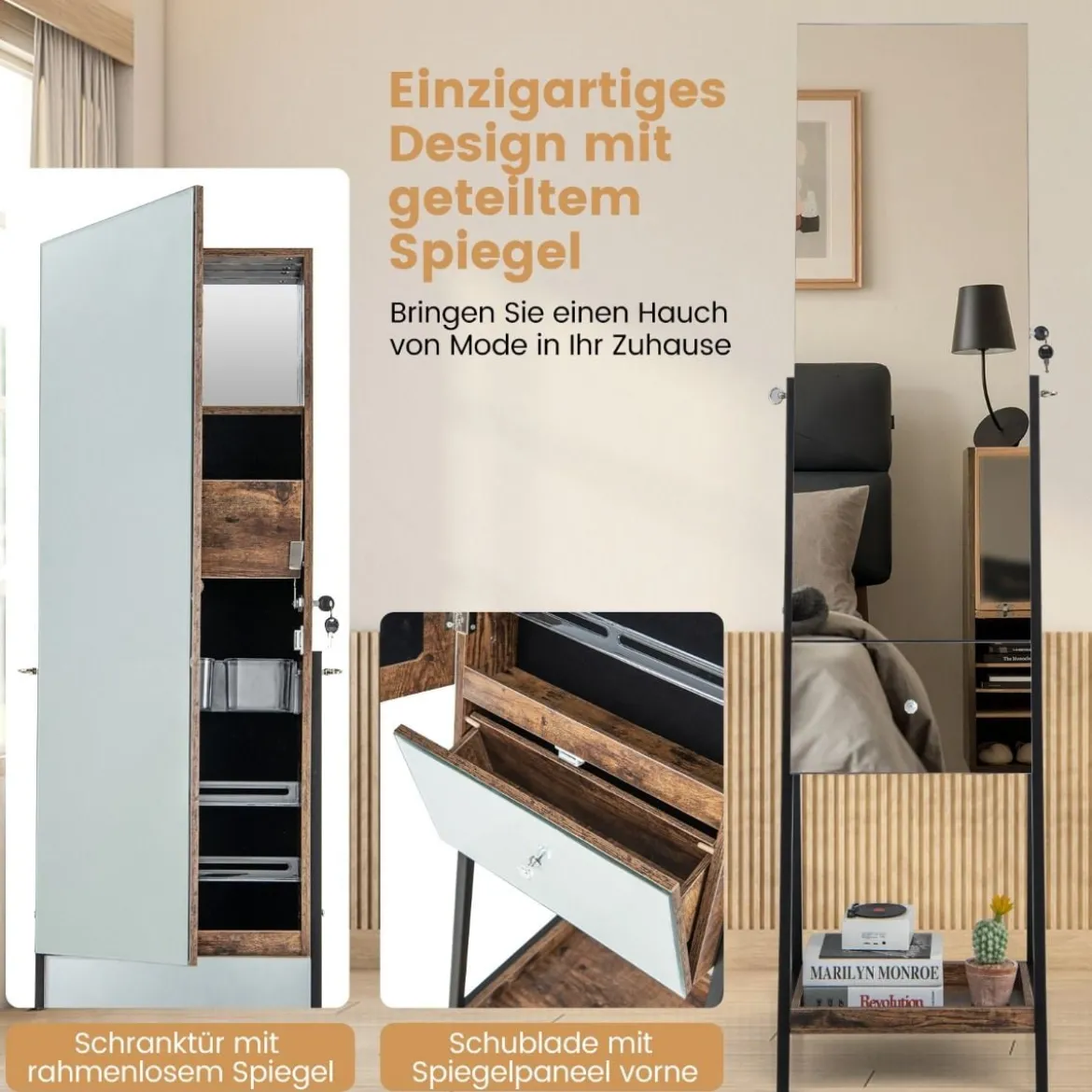 Schmuckschrank mit Spiegel Spiegelschrank abschließbar mit 3 farbigen LED Beleuchten 41 x 35 x 166 cm Braun