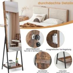 Schmuckschrank mit Spiegel Spiegelschrank abschließbar mit 3 farbigen LED Beleuchten 41 x 35 x 166 cm Braun