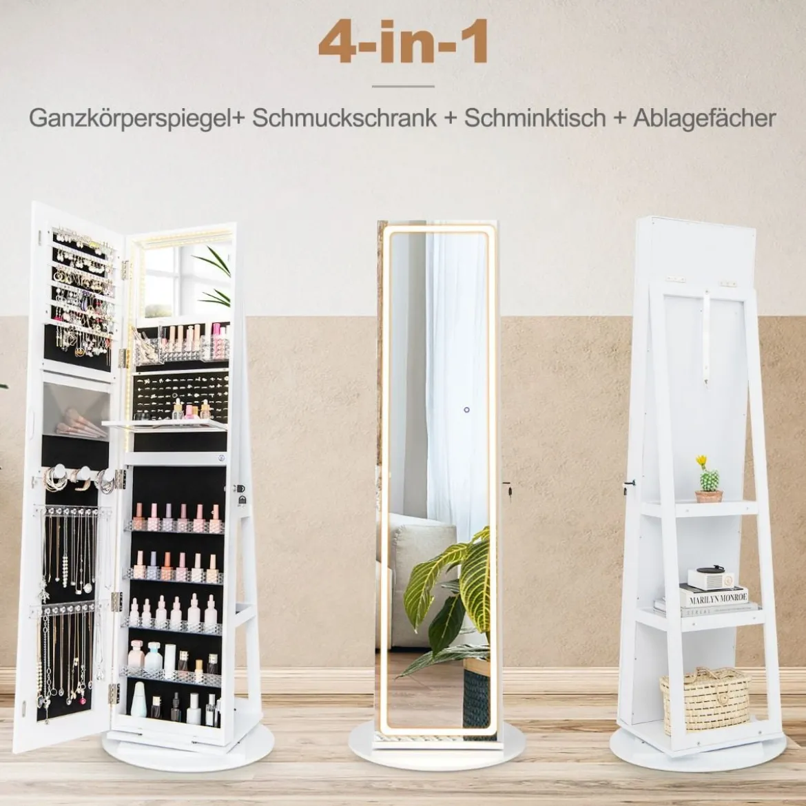 Schmuckschrank mit Spiegel Schmuck Spiegelschrank mit verstellbaren LED-Leuchten 54,5 x 54,5 x 160 cm Weiß