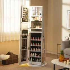 Schmuckschrank mit Spiegel Schmuck Spiegelschrank mit verstellbaren LED-Leuchten 54,5 x 54,5 x 160 cm Weiß