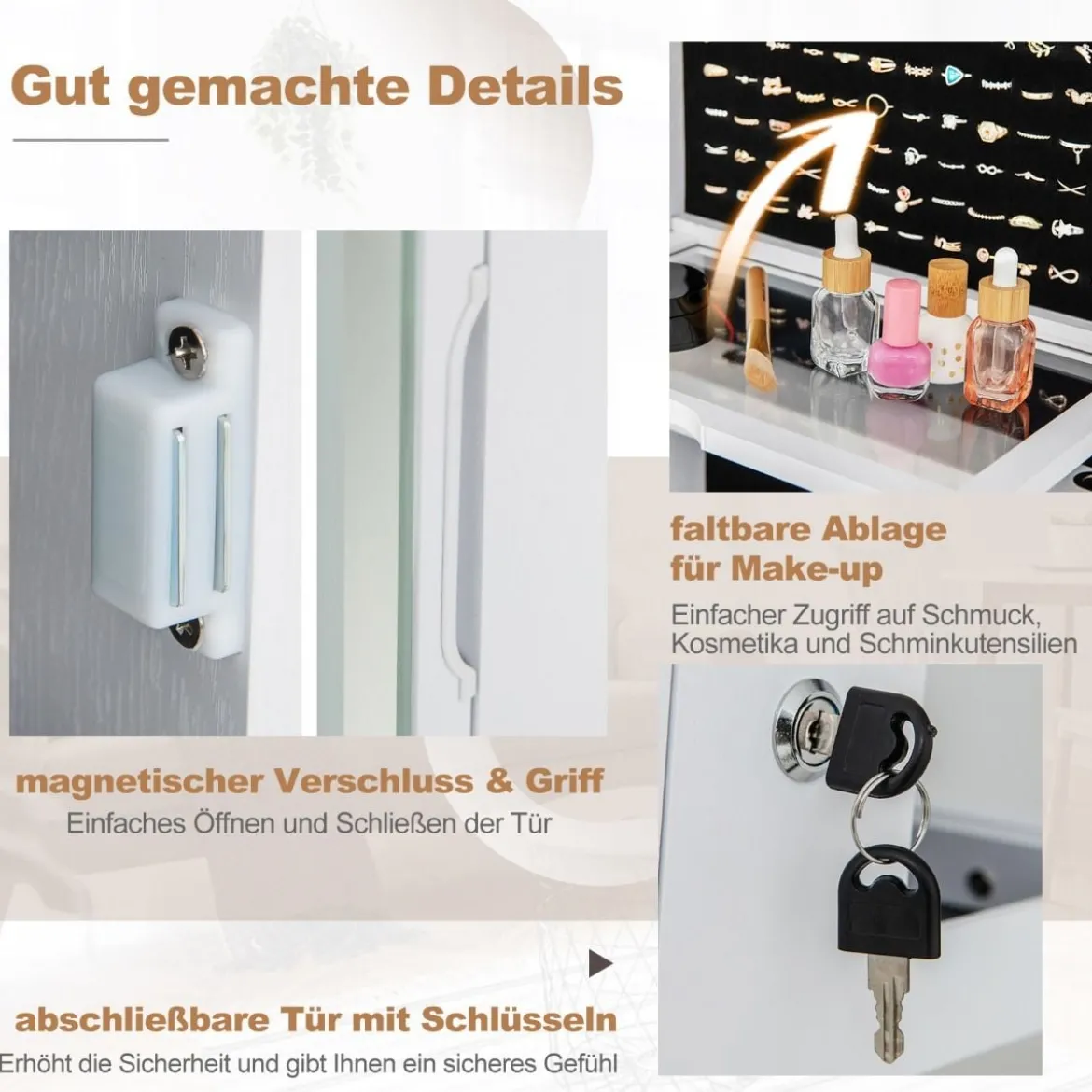Schmuckschrank mit Spiegel Schmuck Spiegelschrank mit verstellbaren LED-Leuchten 54,5 x 54,5 x 160 cm Weiß
