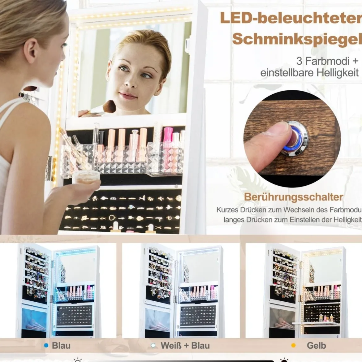 Schmuckschrank mit Spiegel Schmuck Spiegelschrank mit verstellbaren LED-Leuchten 54,5 x 54,5 x 160 cm Weiß
