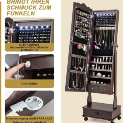 Schmuckschrank Spiegelschrank mit Ganzkörperspiegel & Schubladen & LED Braun
