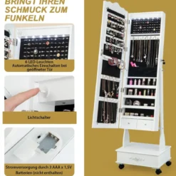 Schmuckschrank Spiegelschrank mit Ganzkörperspiegel & Schubladen & LED Weiß