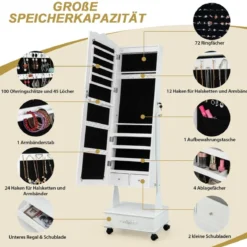 Schmuckschrank Spiegelschrank mit Ganzkörperspiegel & Schubladen & LED Weiß