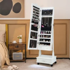 Schmuckschrank Spiegelschrank mit Ganzkörperspiegel & Schubladen & LED Weiß