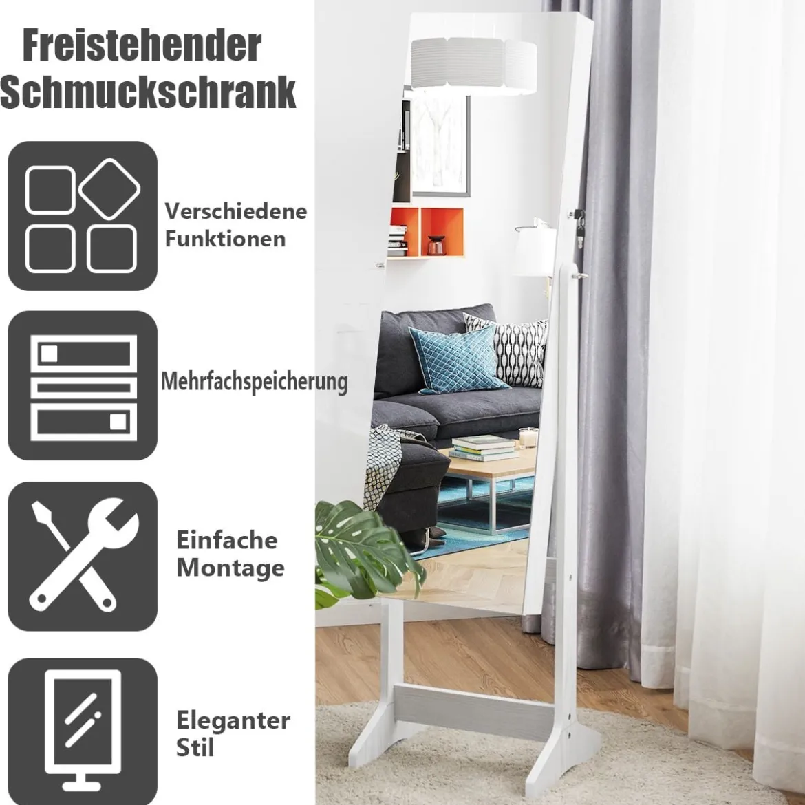Schmuckschrank Standspiegel Freistehender Schmuckschrank mit Spiegel 41 x 36 x 156 cm Weiß