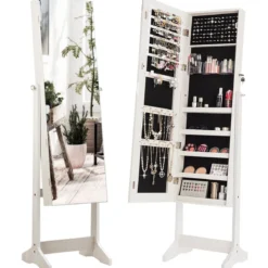 Schmuckschrank Standspiegel Freistehender Schmuckschrank mit Spiegel 41 x 36 x 156 cm Weiß