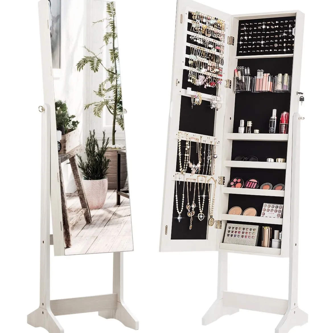 Schmuckschrank Standspiegel Freistehender Schmuckschrank mit Spiegel 41 x 36 x 156 cm Weiß