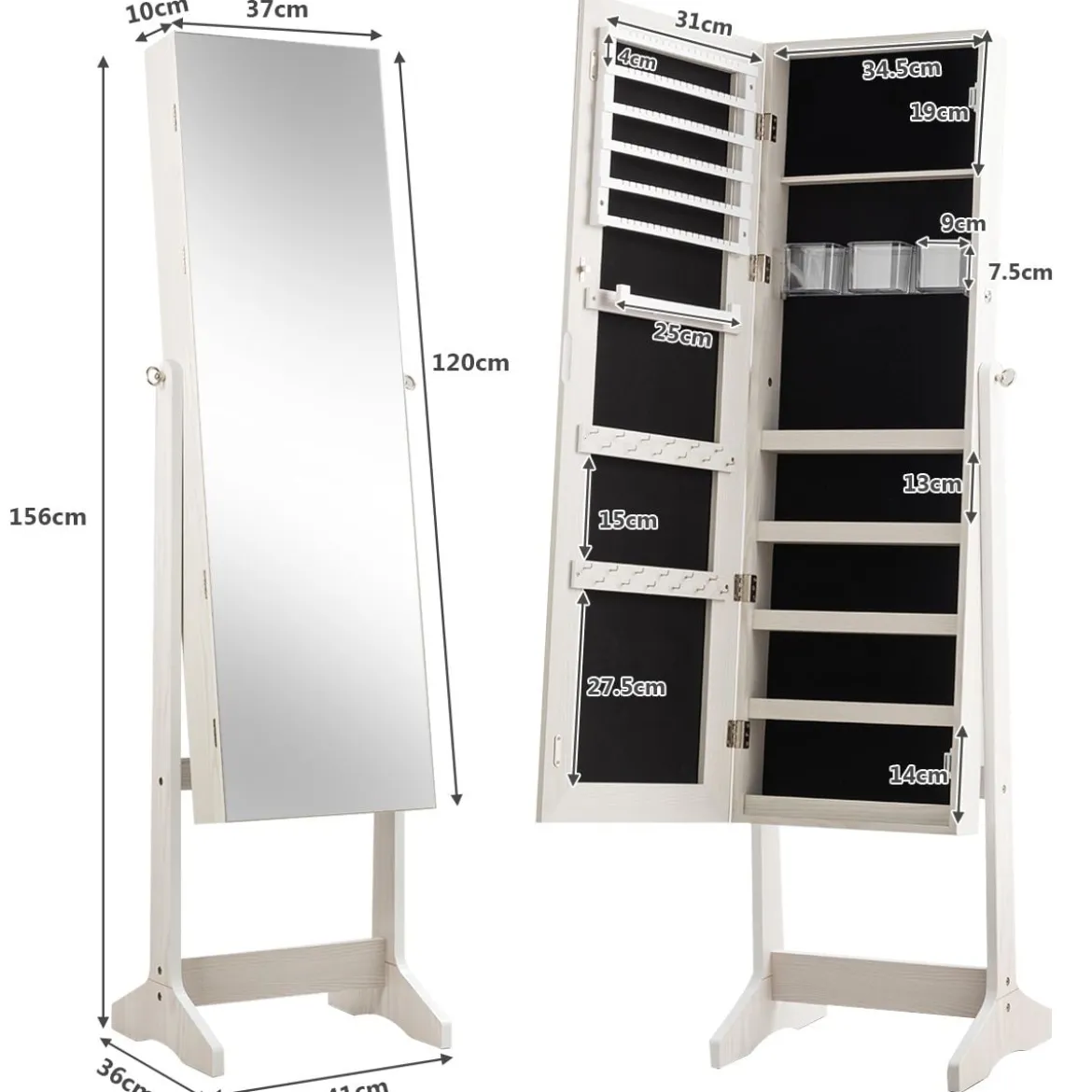 Schmuckschrank Standspiegel Freistehender Schmuckschrank mit Spiegel 41 x 36 x 156 cm Weiß