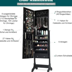 Schmuckschrank stehend Spiegelschrank abschließbar Schmuckregal mit Spiegel Schwarz