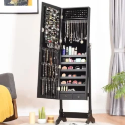 Schmuckschrank stehend Spiegelschrank abschließbar Schmuckregal mit Spiegel Schwarz