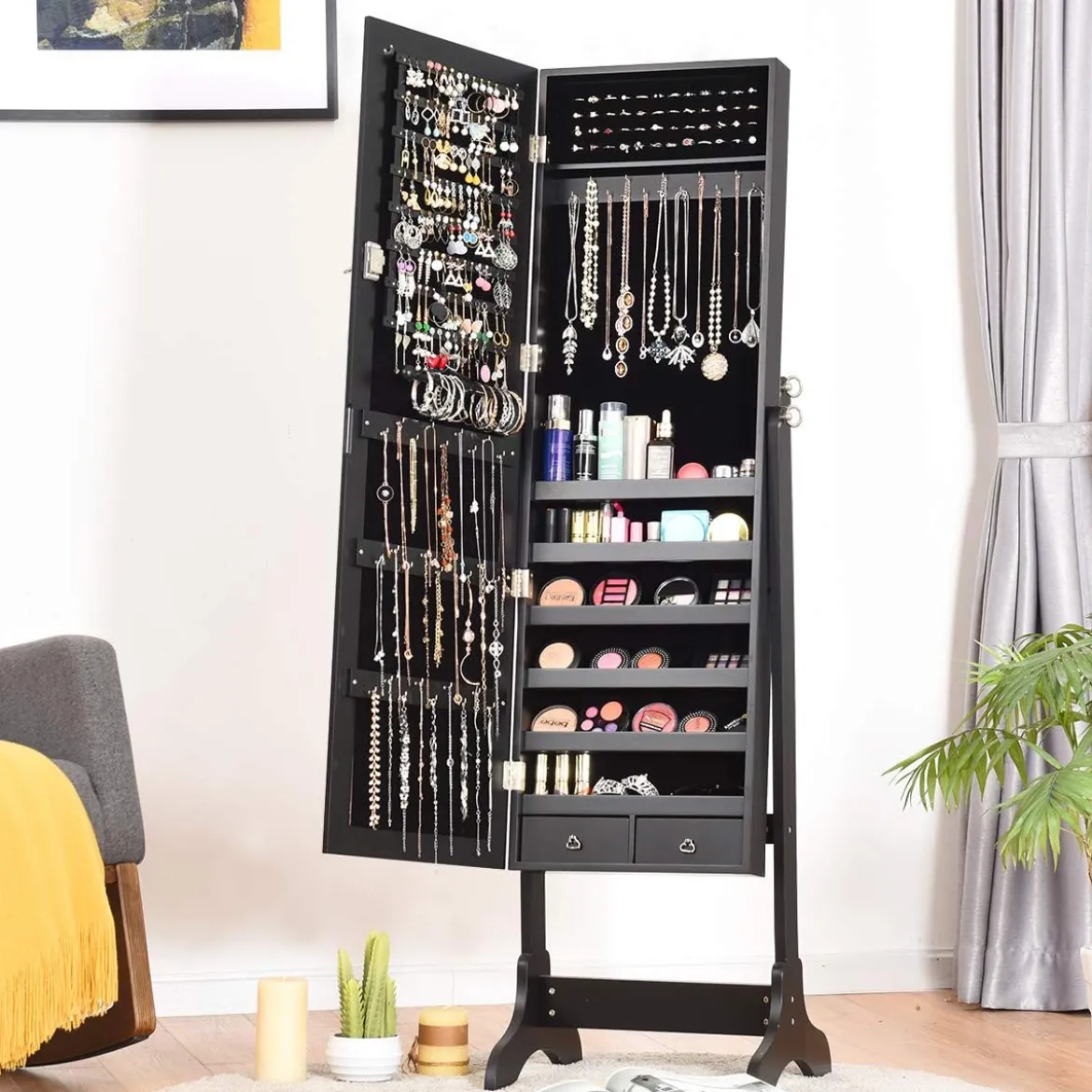 Schmuckschrank stehend Spiegelschrank abschließbar Schmuckregal mit Spiegel Schwarz
