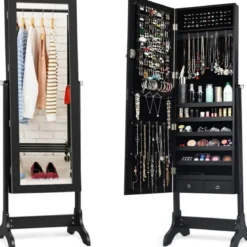 Schmuckschrank stehend Spiegelschrank abschließbar Schmuckregal mit Spiegel Schwarz