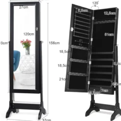 Schmuckschrank stehend Spiegelschrank abschließbar Schmuckregal mit Spiegel Schwarz