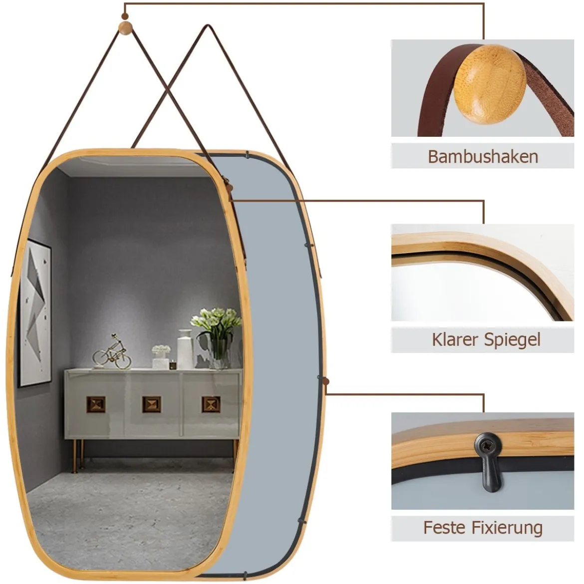Schmuckspiegel mit Bambus-Rahmen und verstellbarem Lederband 77 x 44 x 1,5 cm