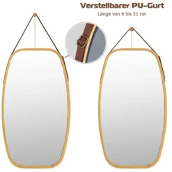 Schmuckspiegel mit Bambus-Rahmen und verstellbarem Lederband 77 x 44 x 1,5 cm