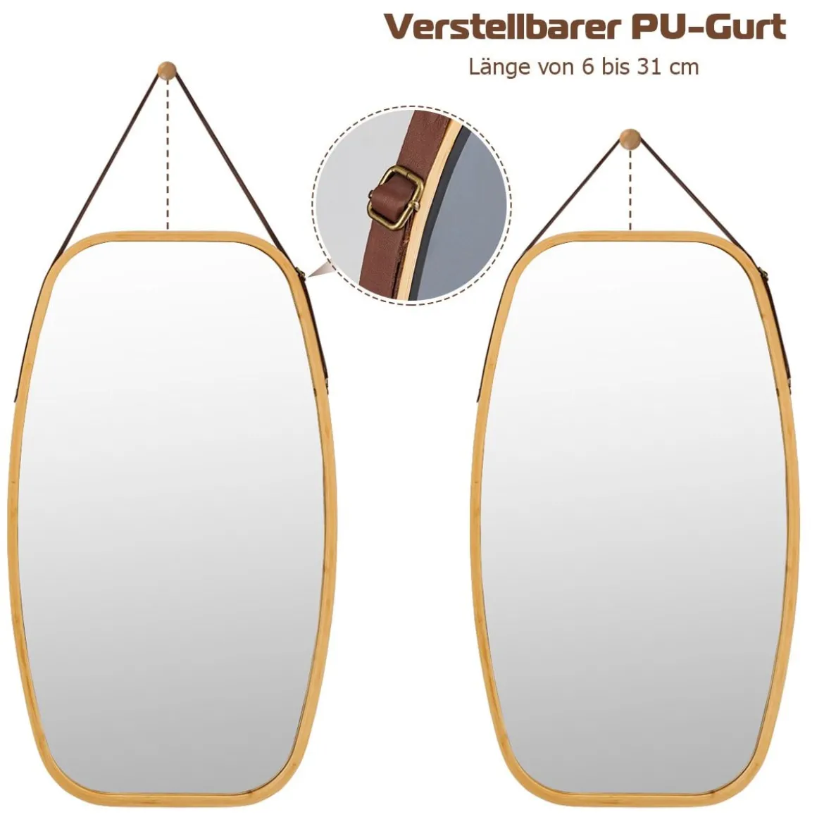 Schmuckspiegel mit Bambus-Rahmen und verstellbarem Lederband 77 x 44 x 1,5 cm