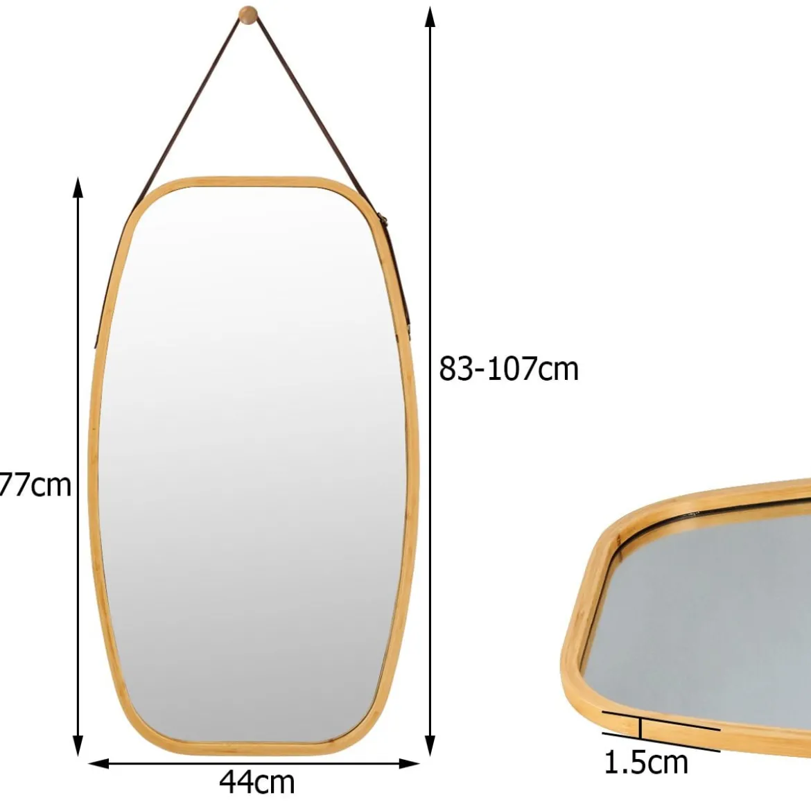 Schmuckspiegel mit Bambus-Rahmen und verstellbarem Lederband 77 x 44 x 1,5 cm