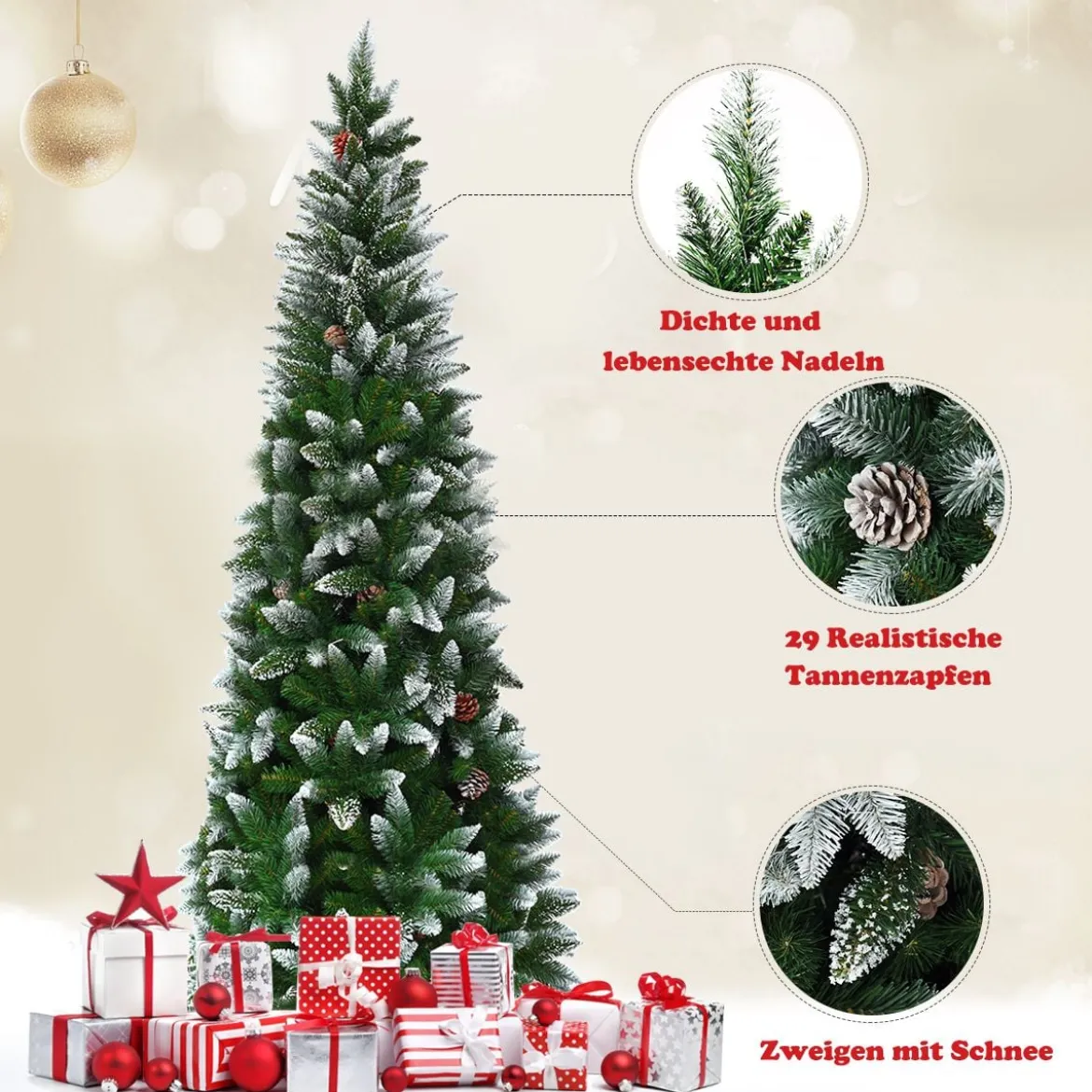 Schneebedeckter Weihnachtsbaum mit Metallständer und 630 Spitzen PVC Nadeln 220 cm