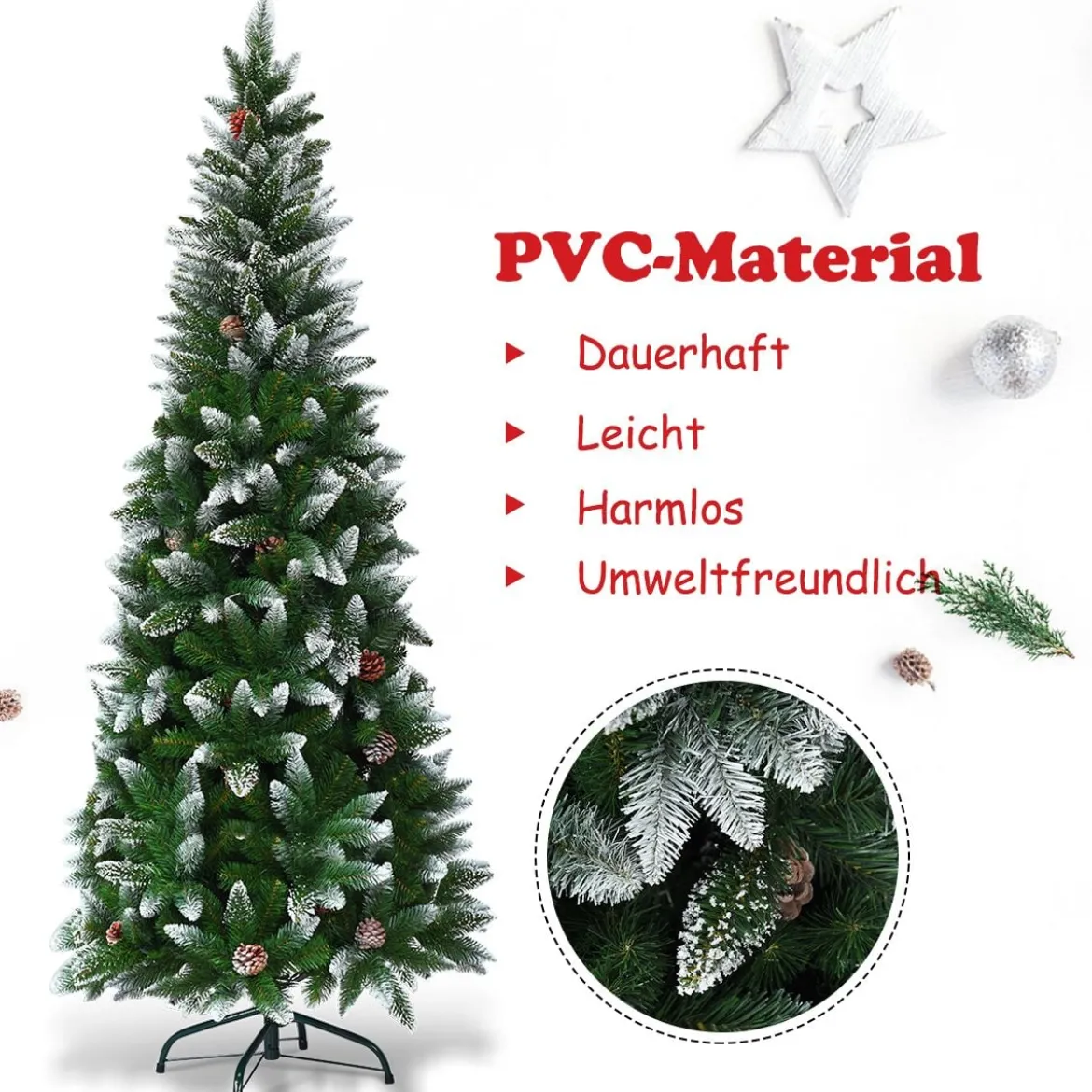 Schneebedeckter Weihnachtsbaum mit Metallständer und 630 Spitzen PVC Nadeln 180 cm