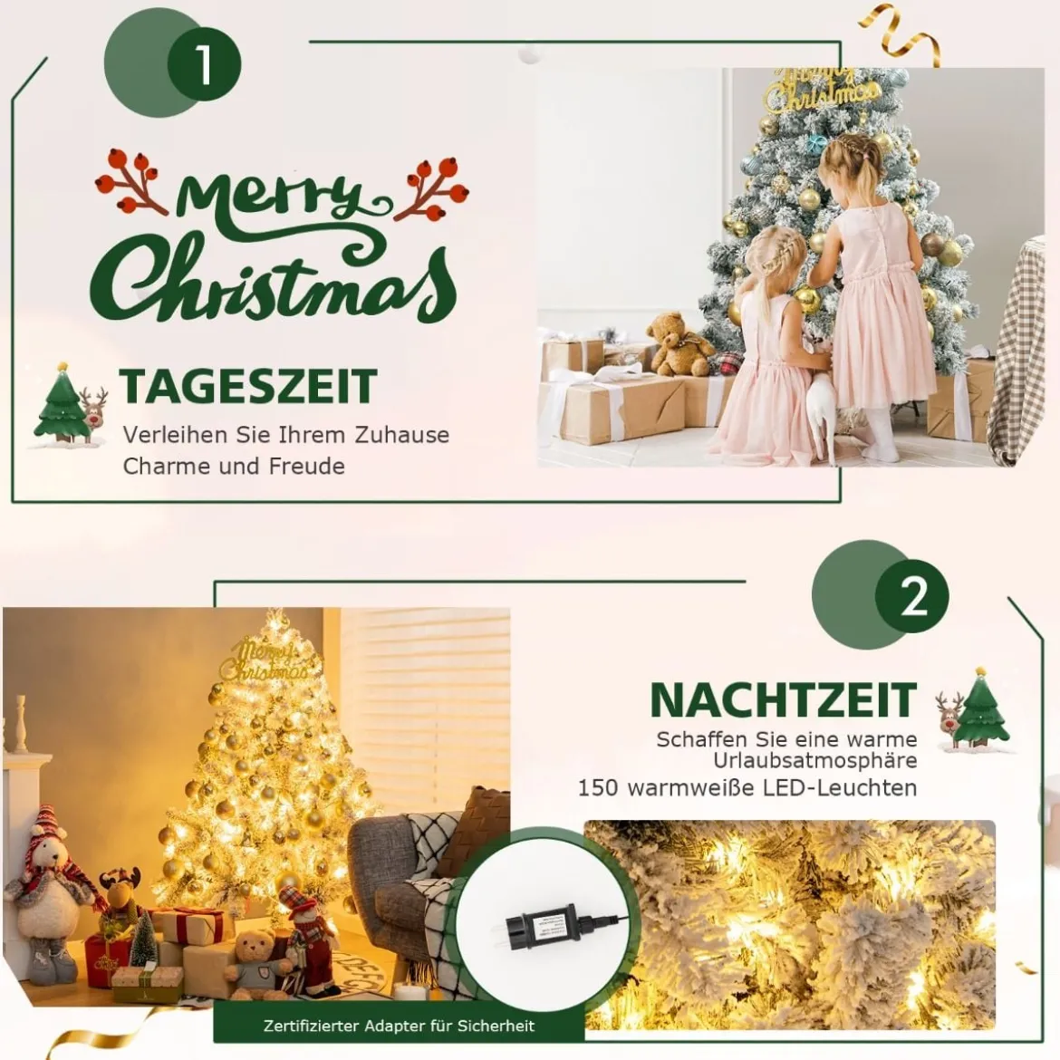 Schneebeflockter Weihnachtsbaum mit 295 Spitzen und 150 Warmweißen LED-Leuchten 137 cm