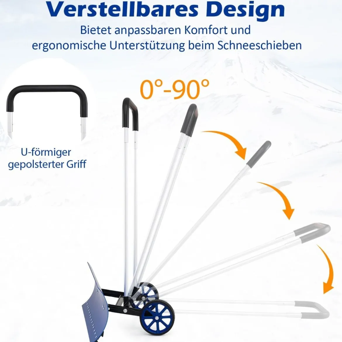 Schneeschaufel auf Rädern Schneeschild 95 cm höhenverstellbar Schneeräumer Alu