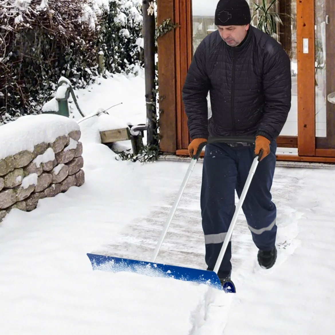 Schneeschaufel auf Rädern Schneeschild 95 cm höhenverstellbar Schneeräumer Alu