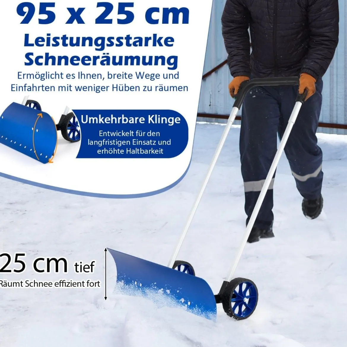 Schneeschaufel auf Rädern Schneeschild 95 cm höhenverstellbar Schneeräumer Alu