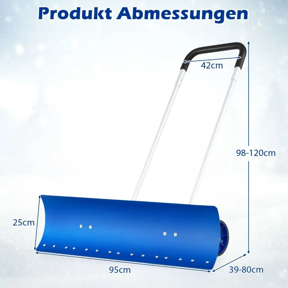 Schneeschaufel auf Rädern Schneeschild 95 cm höhenverstellbar Schneeräumer Alu