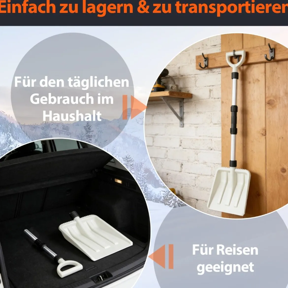 Schneeschaufel 26 cm breit leichte Schneeschieber mit ergonomischem Griff & robustem Aluminiumstiel Weiß