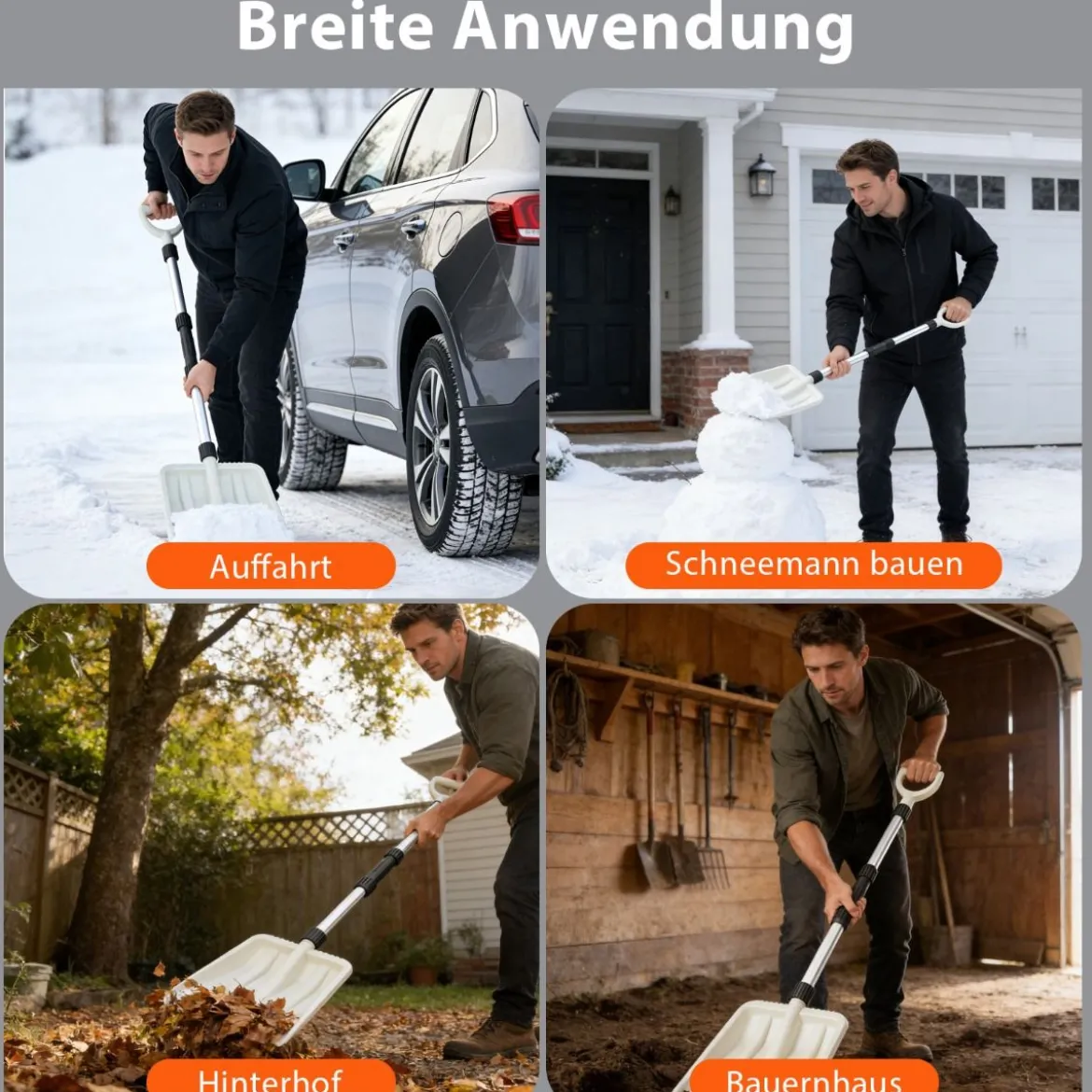 Schneeschaufel 26 cm breit leichte Schneeschieber mit ergonomischem Griff & robustem Aluminiumstiel Weiß
