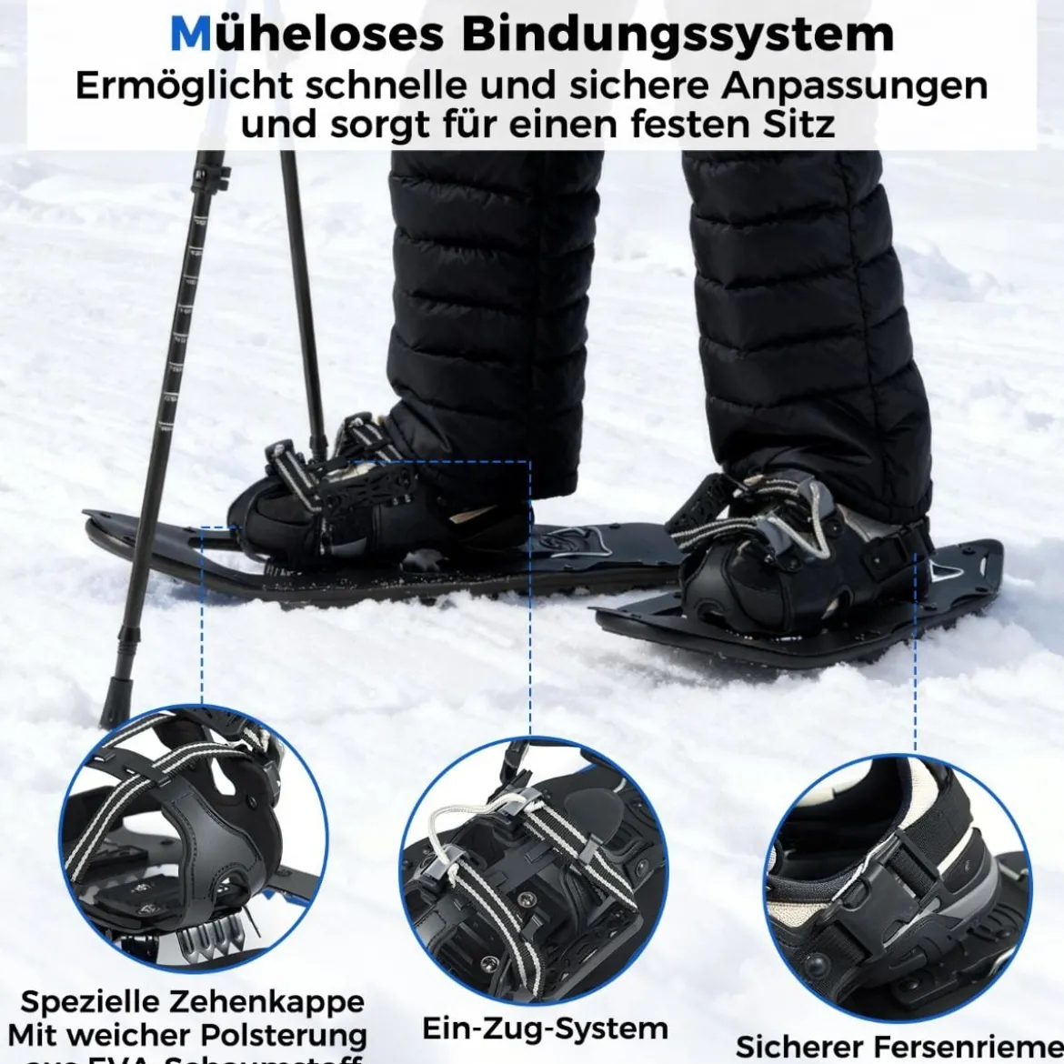 Schneeschuhe mit Steighilfe inkl. Trekkingstöcke & Tragetasche Schuhgröße 35-45 bis 90kg Schwarz