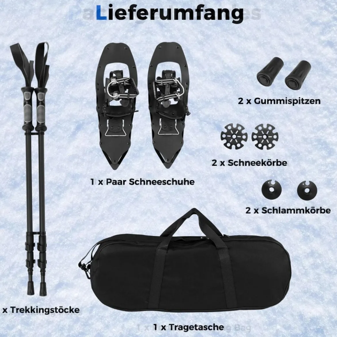 Schneeschuhe mit Steighilfe inkl. Trekkingstöcke & Tragetasche Schuhgröße 35-45 bis 90kg Schwarz