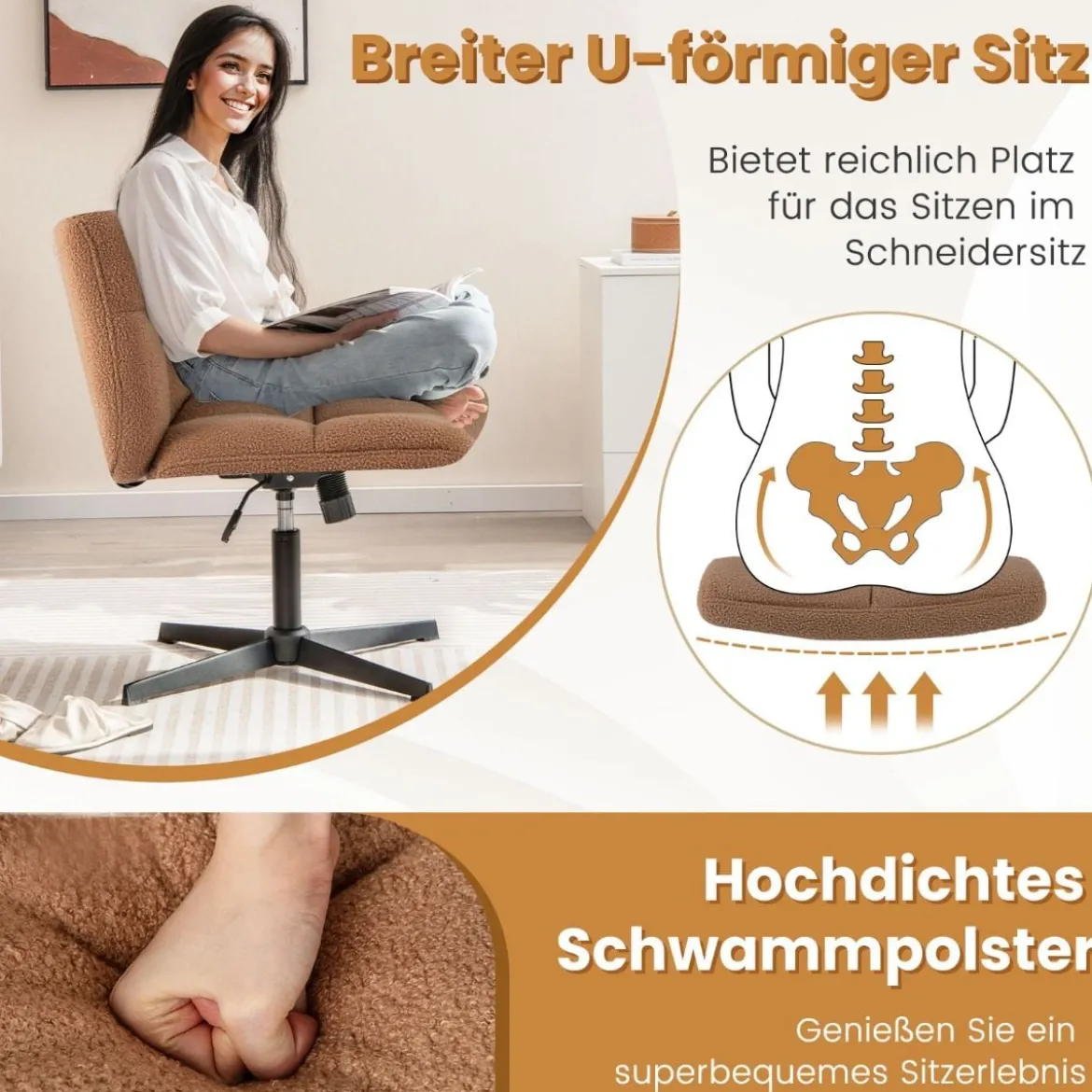 Schneidersitz Stuhl Drehstuhl ohne Armlehnen Schreibtischstuhl mit breiter Sitzfläche