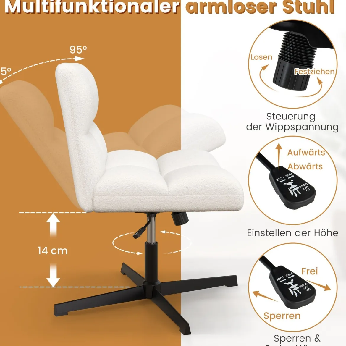 Schneidersitz Stuhl Drehstuhl ohne Armlehnen Schreibtischstuhl mit breiter Sitzfläche