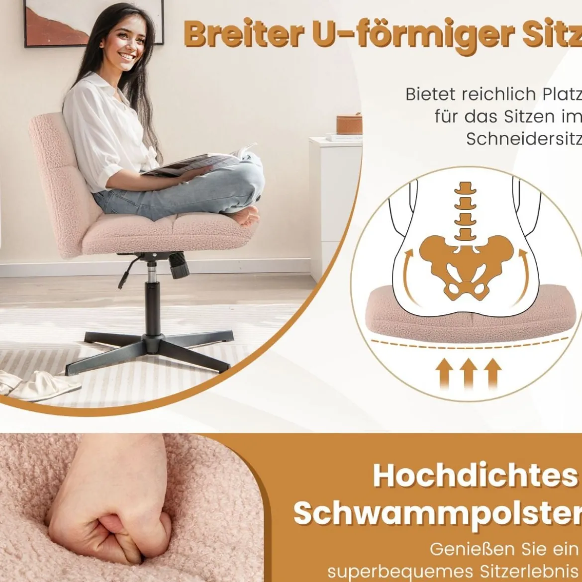 Schneidersitz Stuhl Drehstuhl ohne Armlehnen Schreibtischstuhl mit breiter Sitzfläche