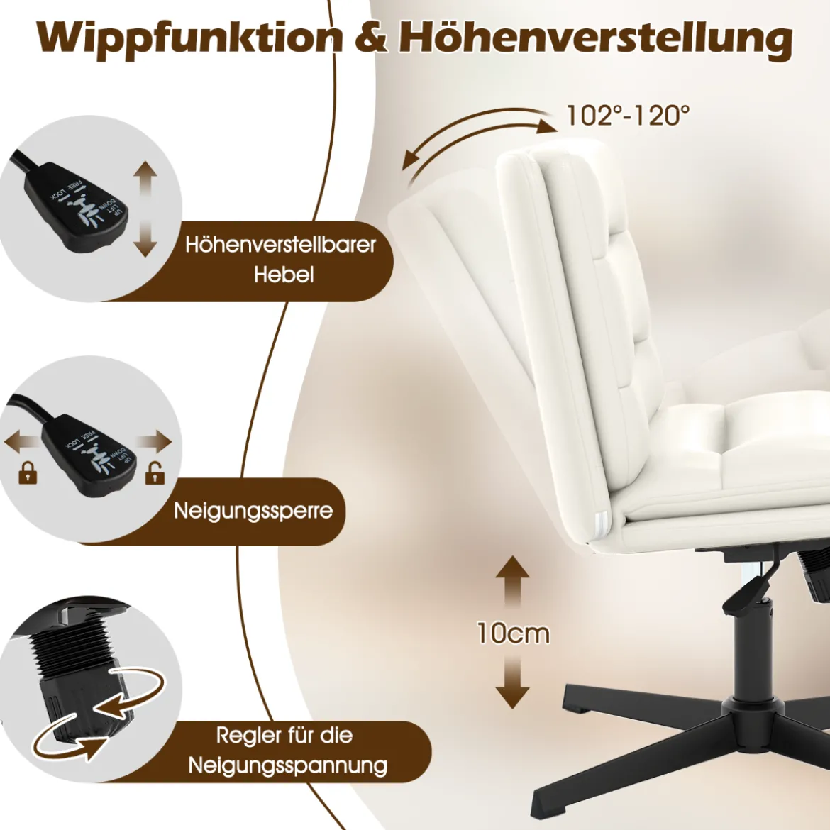 Schneidersitz Stuhl mit Dicker Polsterung Höhenverstellbarer Drehstuhl Bürostuhl Weiß