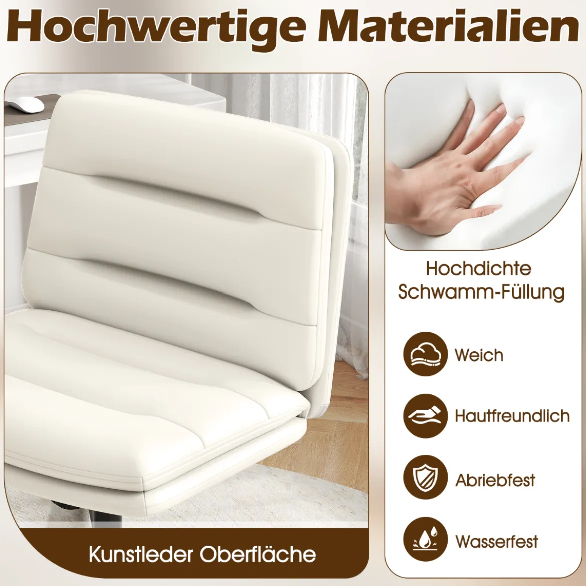 Schneidersitz Stuhl mit Dicker Polsterung Höhenverstellbarer Drehstuhl Bürostuhl Weiß